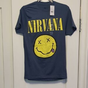NWT NIRVANA Navy Tee with Yellow Logo Sz Small